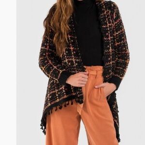 do everything in love tweed one size open front cardigan fringe trim shimmer